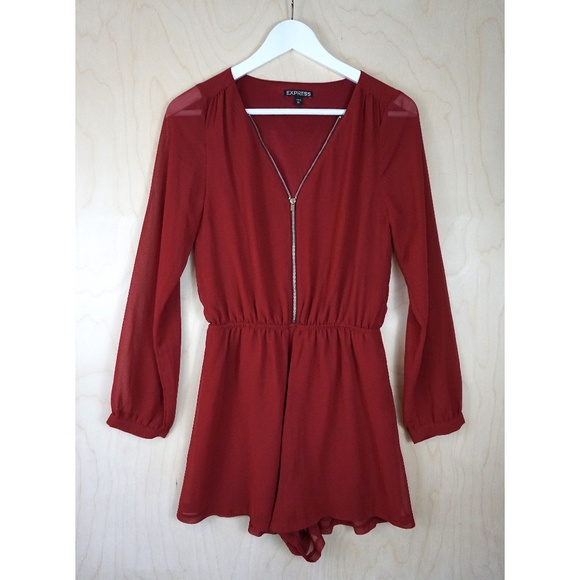 Express Long Sleeve Zip-Front Romper in Red - Picture 1 of 6